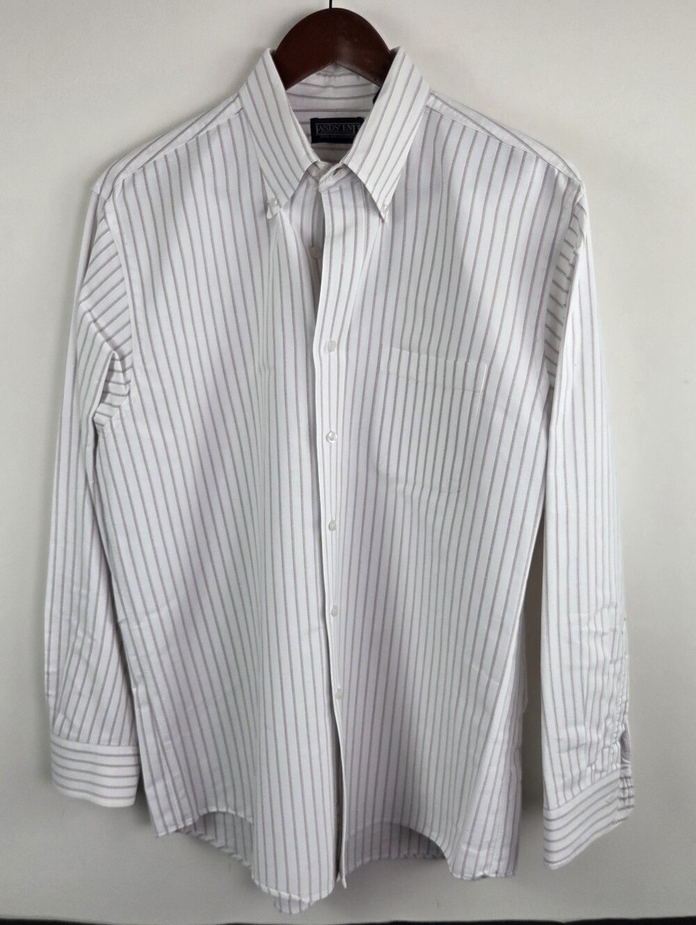 Lands End Hyde Park Oxford Shirt Mens 16 34 White Button Down Striped Vtg